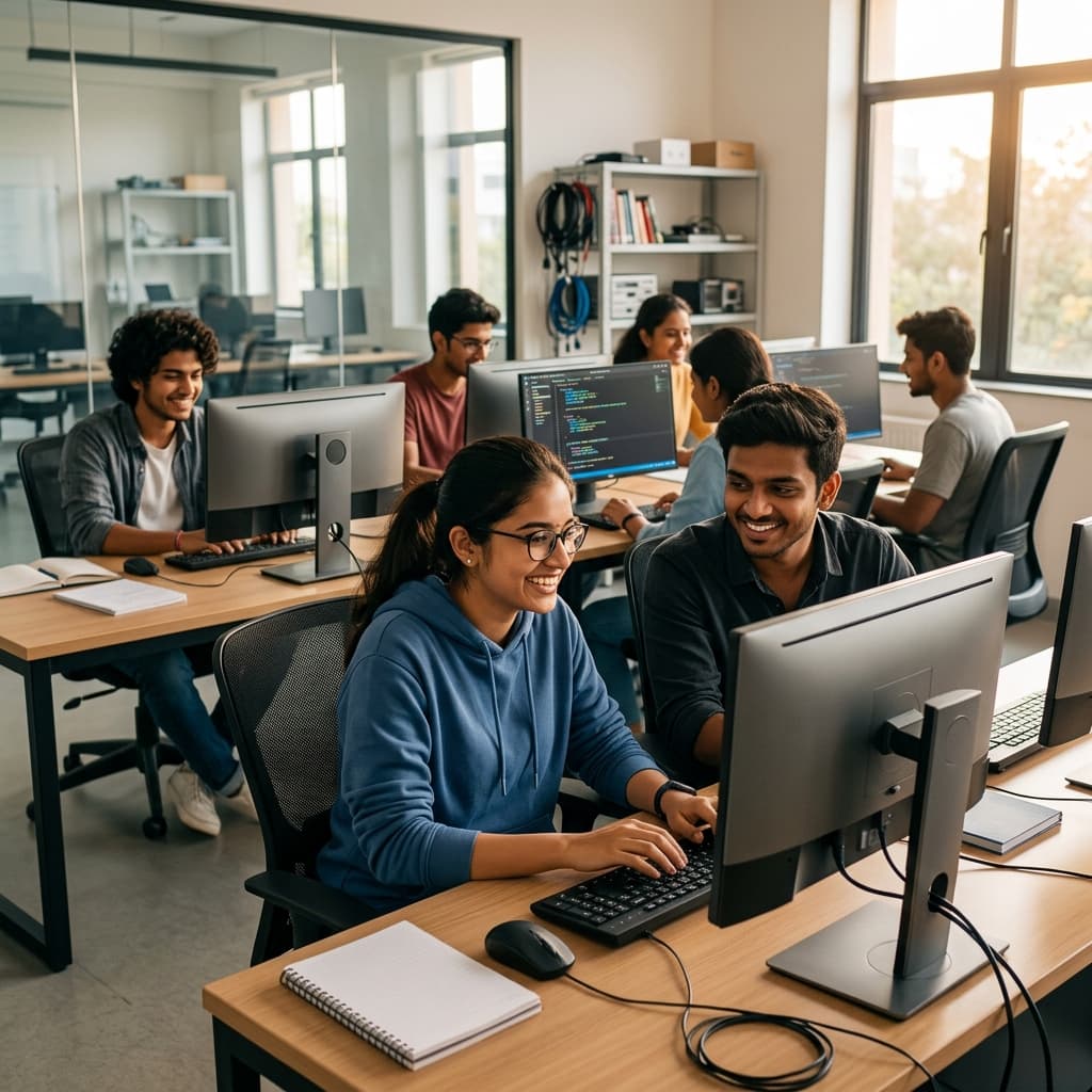 Indian students learning coding in computer lab